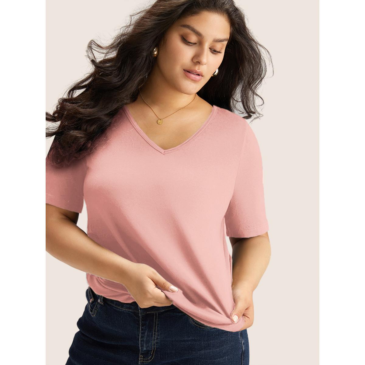 Plus Size Cotton V Neck Plain Basic T-shirt Palemauve Women Leisure Non Plain V-neck Casual T-shirts BloomChic 18-20/2X Product Image