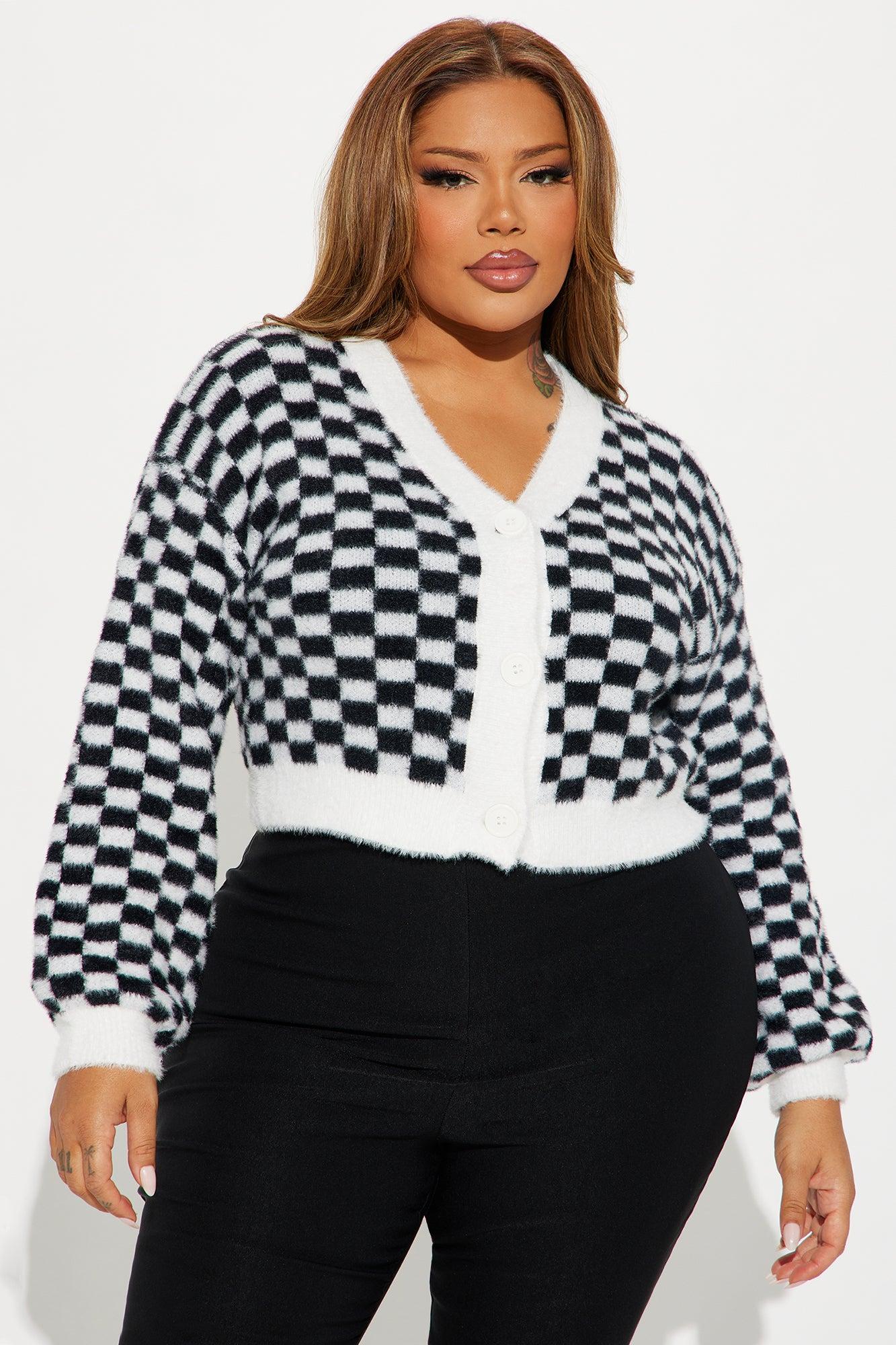Nonsense Checkered Cropped Cardigan - Black/White Product Image