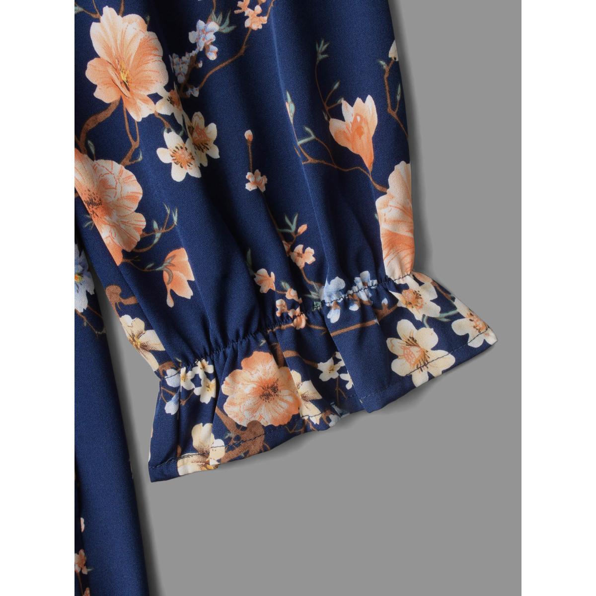 Plus Size Floral Knot Neck Split Hem Dress Indigo Women Elegant Tie knot Square Neck Long Sleeve Curvy BloomChic 30/6X Product Image