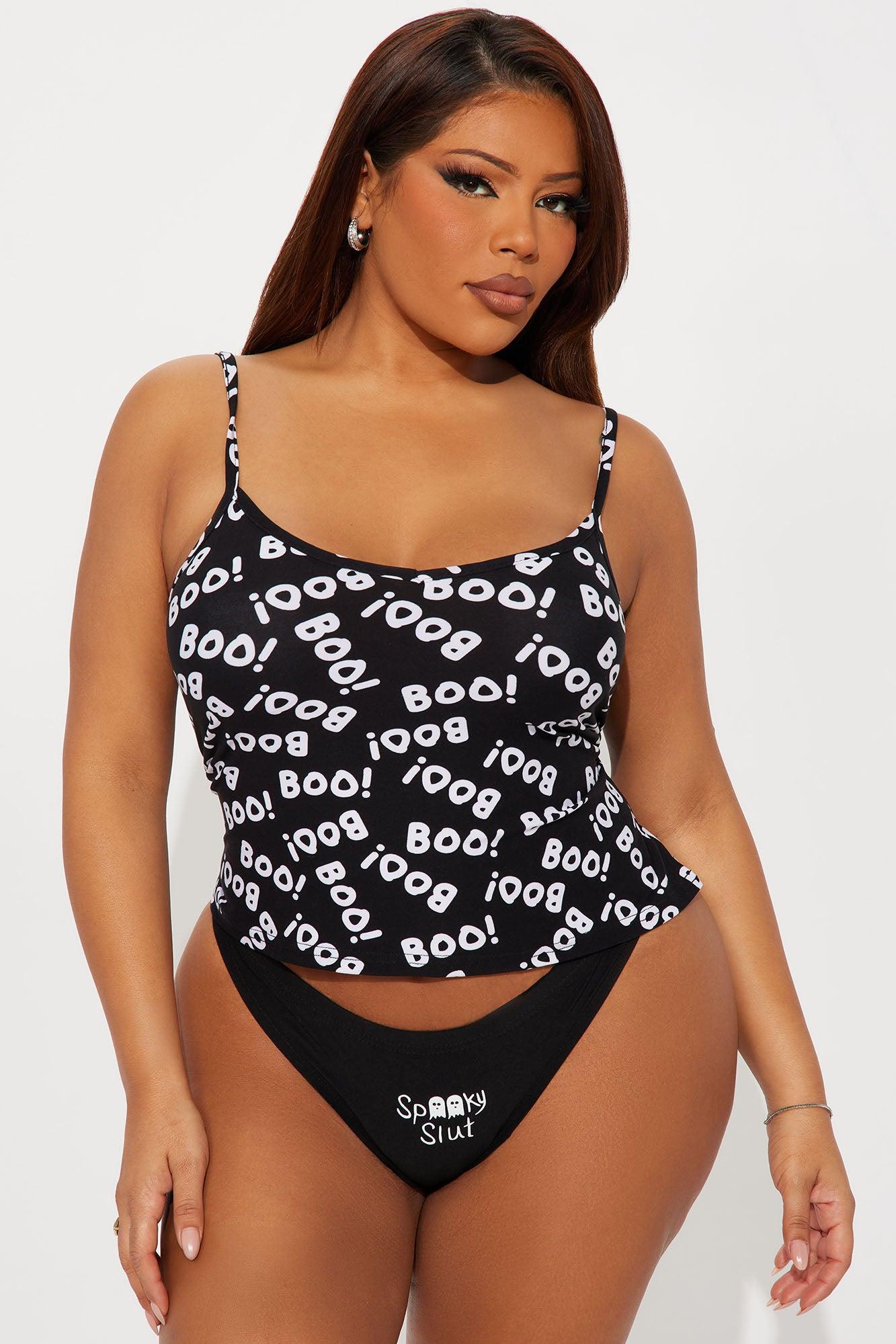 Spooky Slut Halloween 2 Piece Cami And Thong Set - Black/White Female Product Image