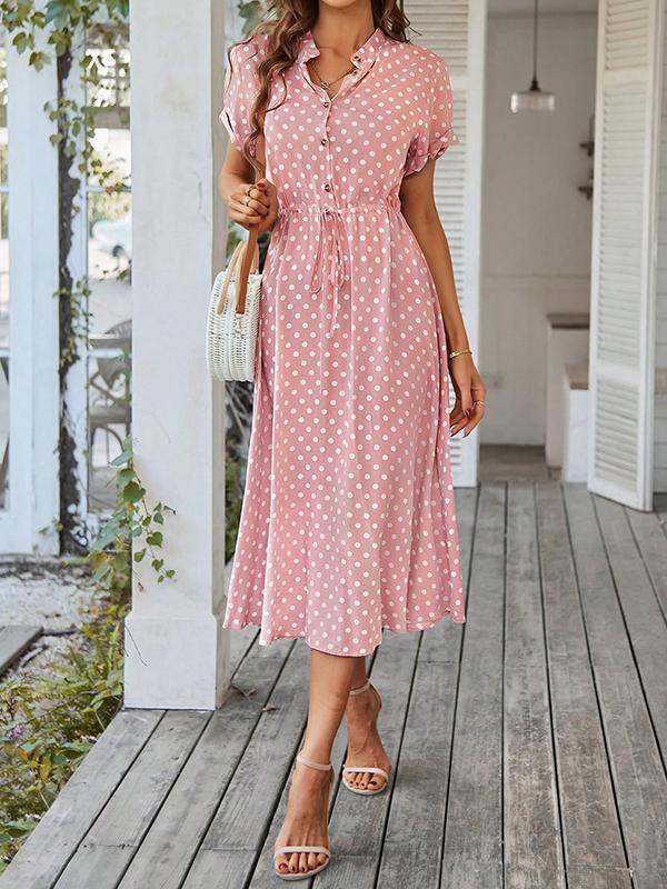 A-Line High Waisted Buttoned Drawstring Polka-Dot V-Neck Midi Dresses Product Image