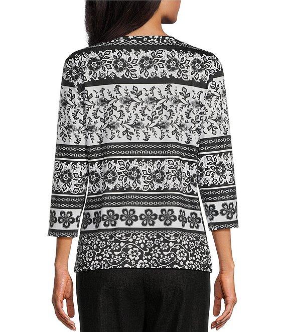 Allison Daley Floral Stripe 3/4 Sleeve Keyhole Neck Knit Top Product Image