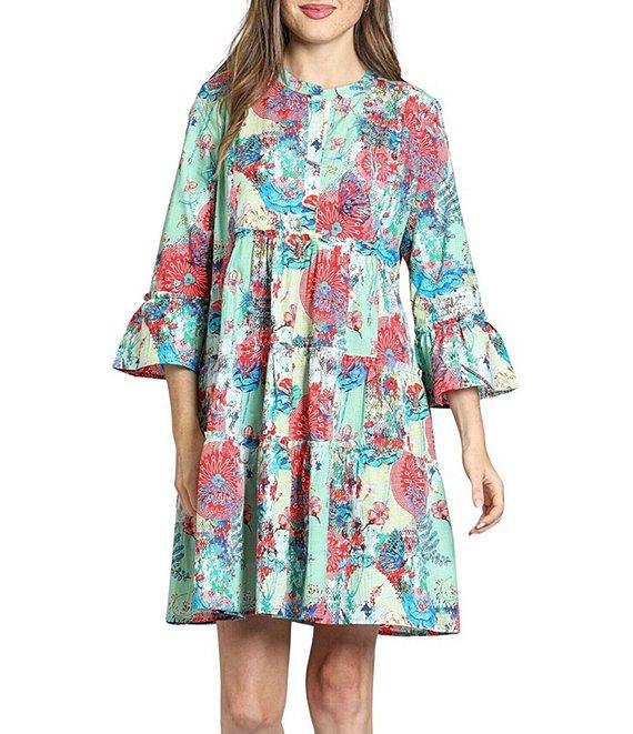 APNY Woven Printed Crew Neck 3/4 Sleeves Shift Dress Product Image