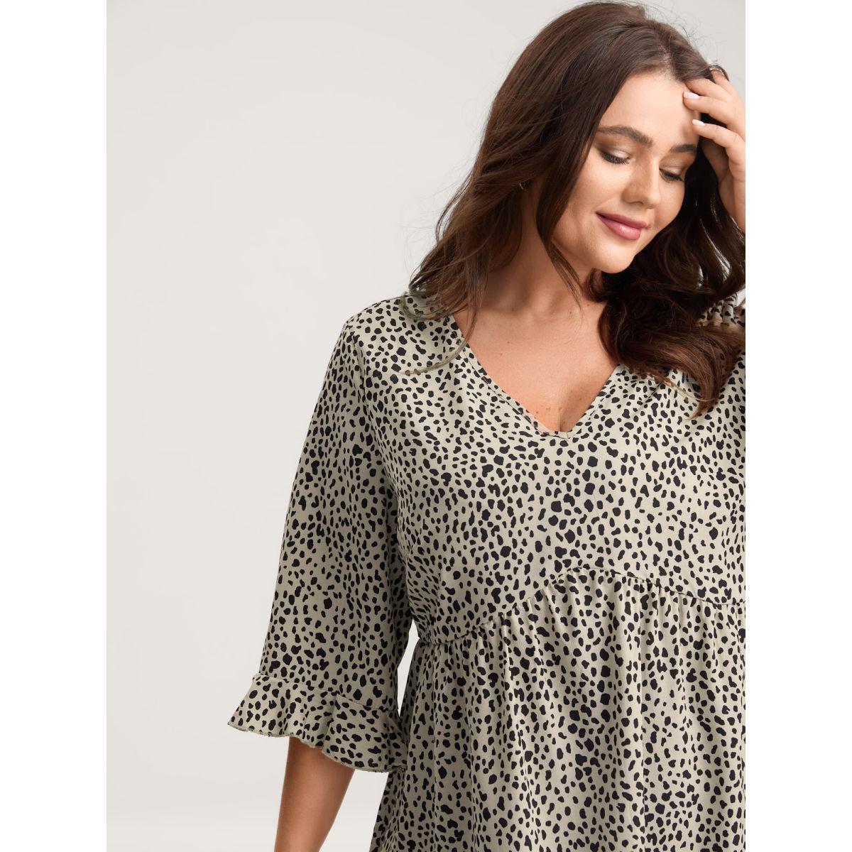 Plus Size Champagne Leopard Print Ruffled Detail V-Neck Blouse Women Leisure Elbow-length sleeve V-neck Casual Blouses BloomChic 30/6X Product Image