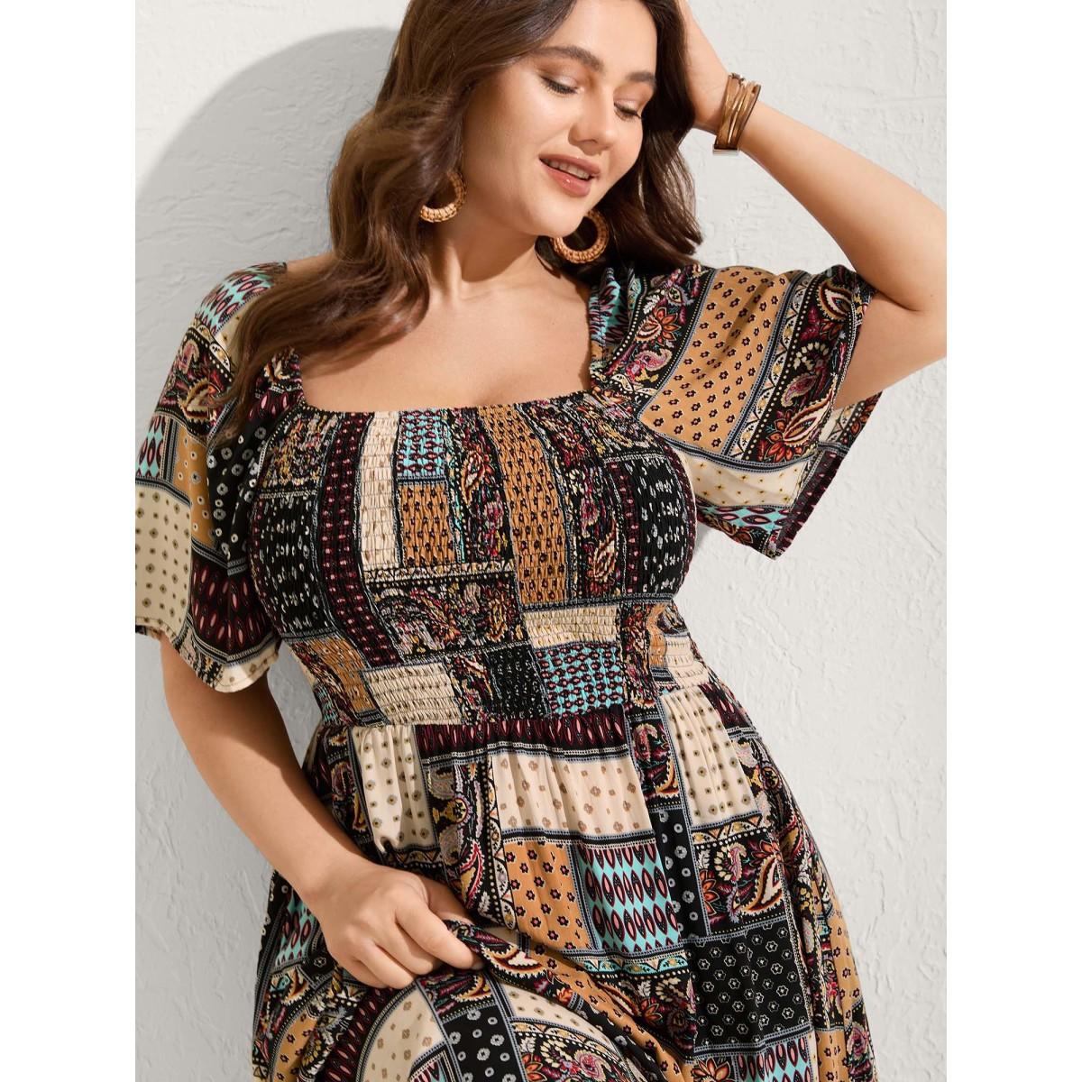 Plus Size Paisley Floral Collage Shirred Pockets Midi Dress Black Women Boho Square Neck Short sleeve Curvy BloomChic 14-16/1X Product Image