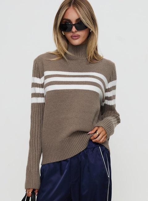 Bessemer Funnel Neck Knit Sweater Mocha Stripe Product Image