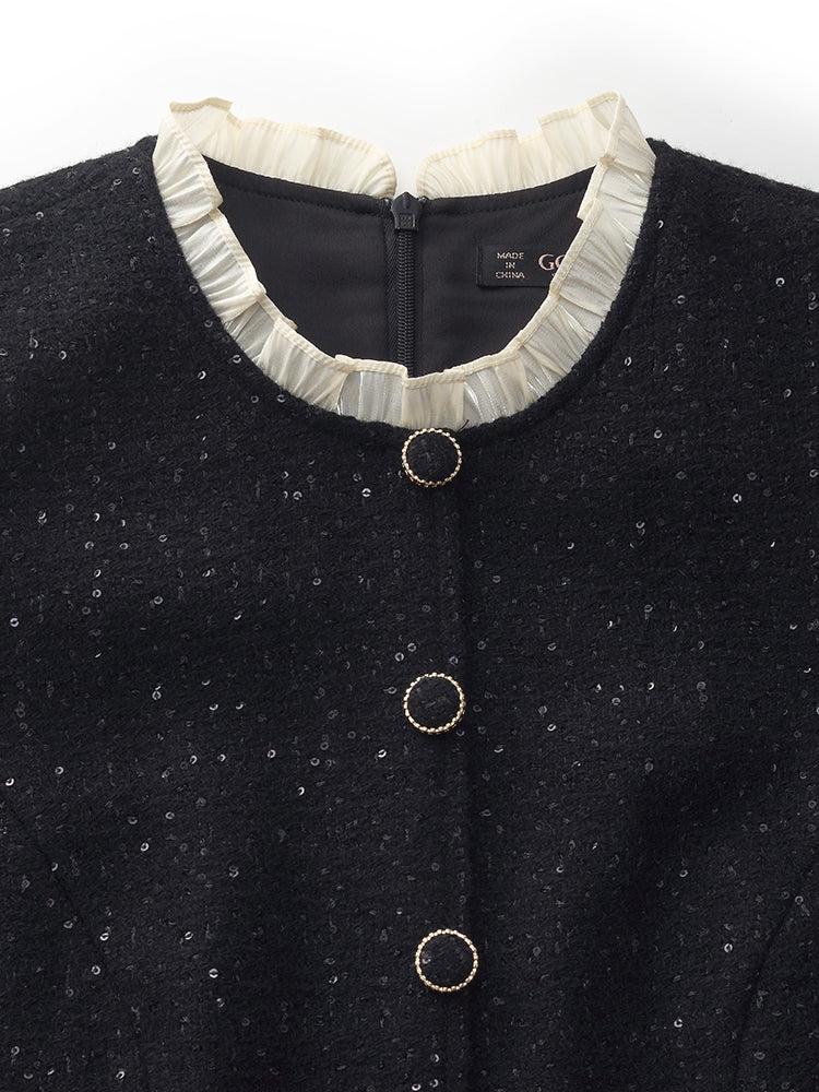 Wool Blend Sequins Tweed Ruffle Collar Women Midi Dress Product Image