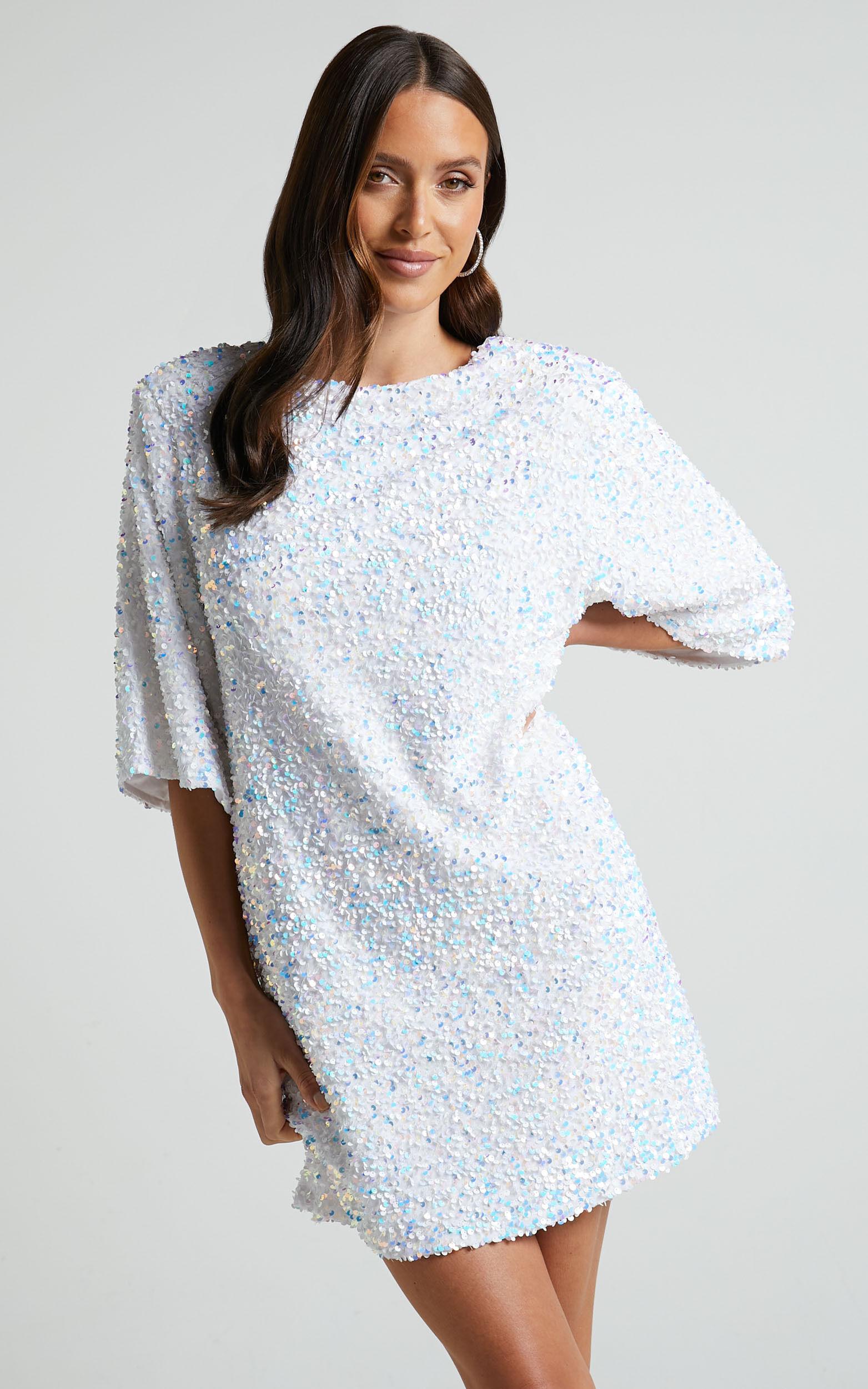 Valetta Mini Dress - Sequin low back shift dress in White Product Image