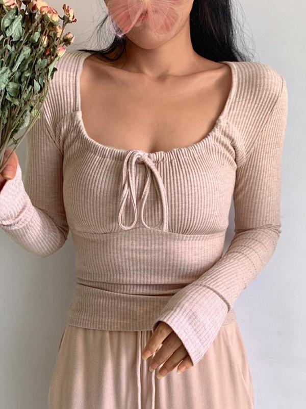 Long sleeve Lace Up Short Knit Product Image