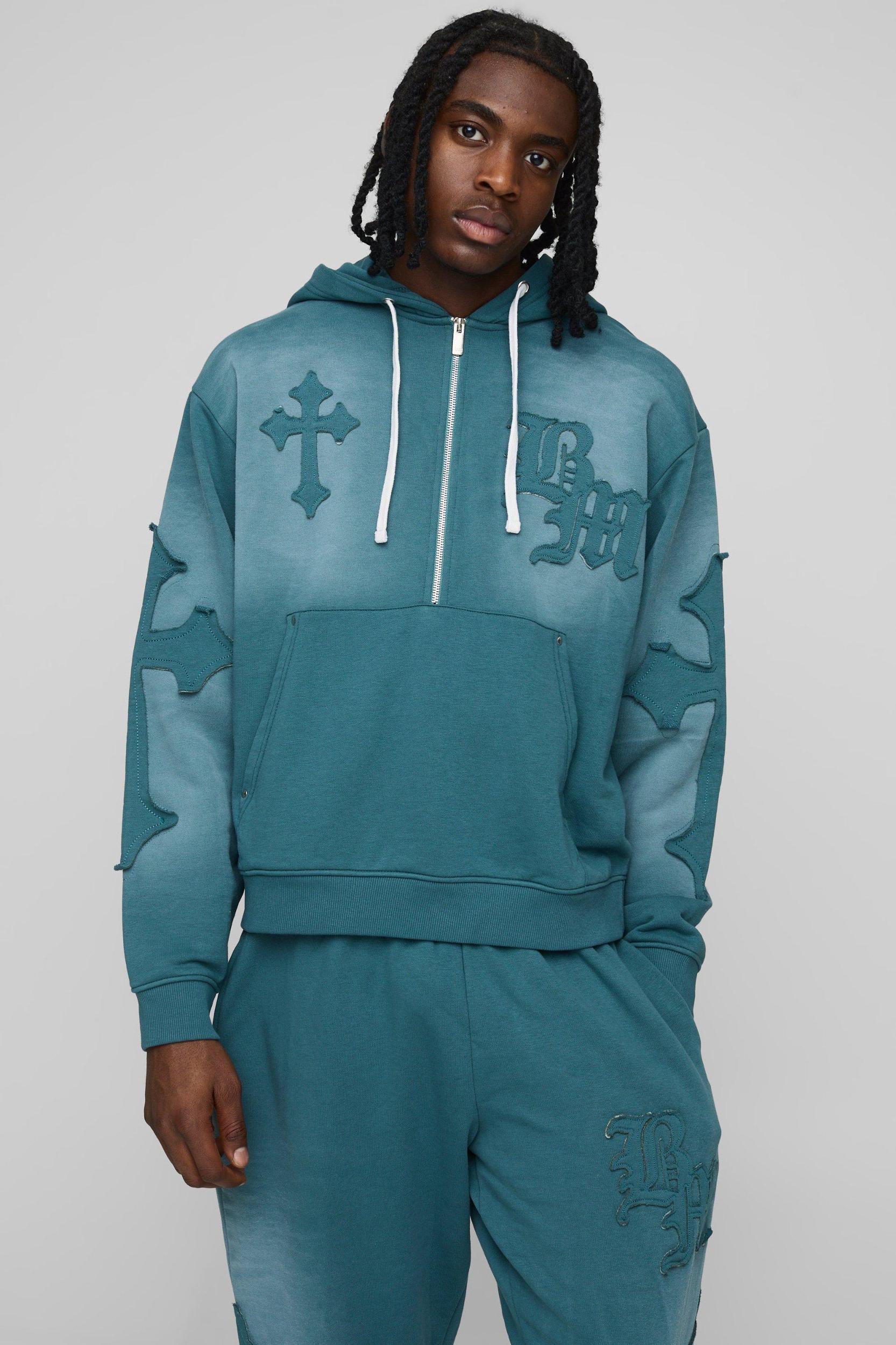 Oversized Boxy Cross Applique Wash Hooded Tracksuit | boohooMAN USA Product Image