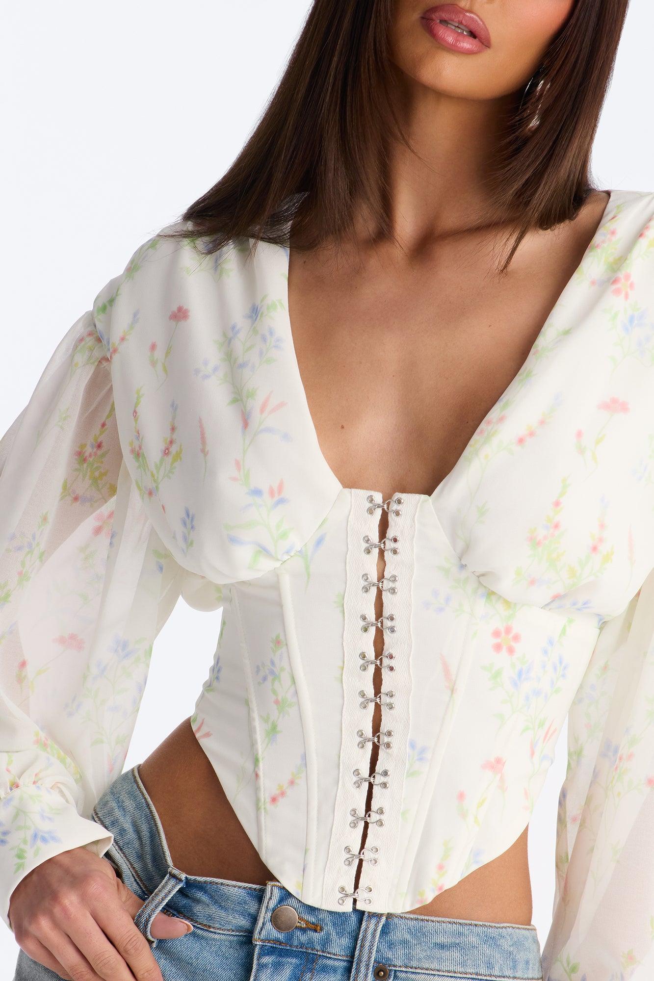 Darling Days Ruched Floral Chiffon Corset - Sage/combo Female Product Image