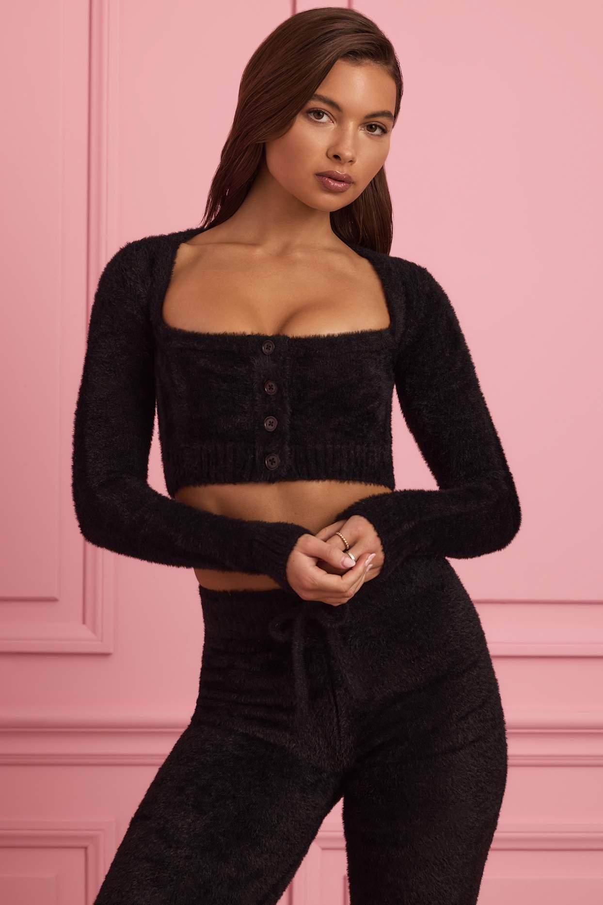 Fluffy Knit Cropped Cardigan in Black Female Product Image