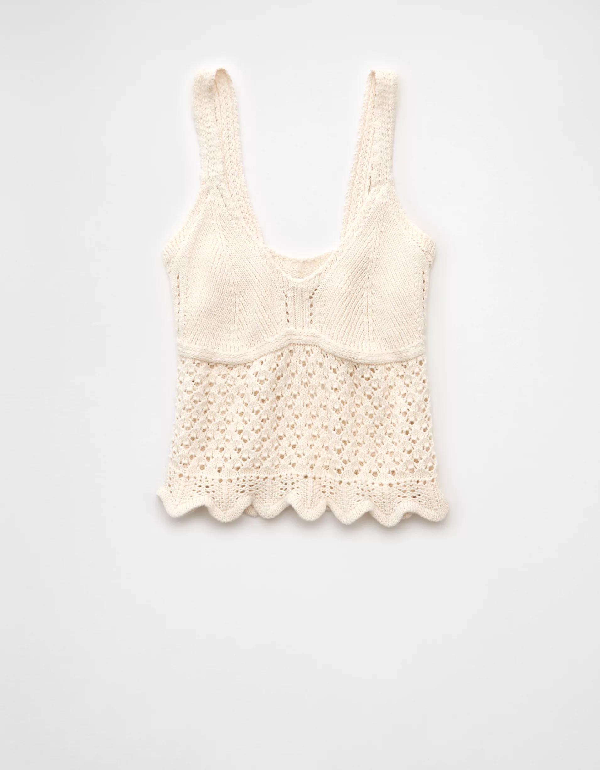 AE V-Neck Pointelle Scalloped Crochet Tank Top Product Image