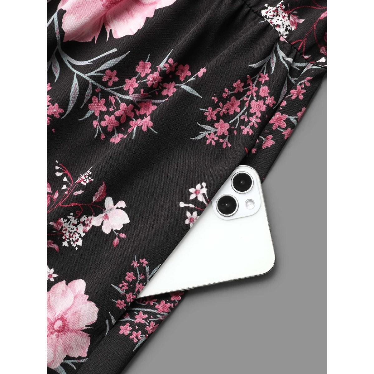 Plus Size Floral Print Cold-Shoulder Pockets Midi Dress Black Women Romantic Non Heart neckline Short sleeve Curvy BloomChic 26/4X Product Image