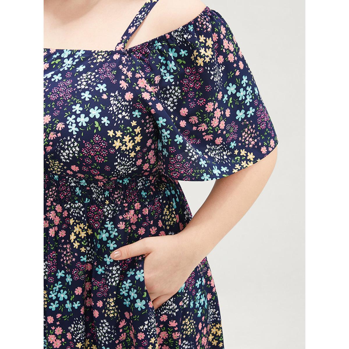 Plus Size Ditsy Floral Ruffles Pocket Shirred Split Hem Cami Dress Navy Women Vacation Adjustable Straps Spaghetti Strap Short sleeve Curvy Midi Dress BloomChic 22-24/3X Product Image