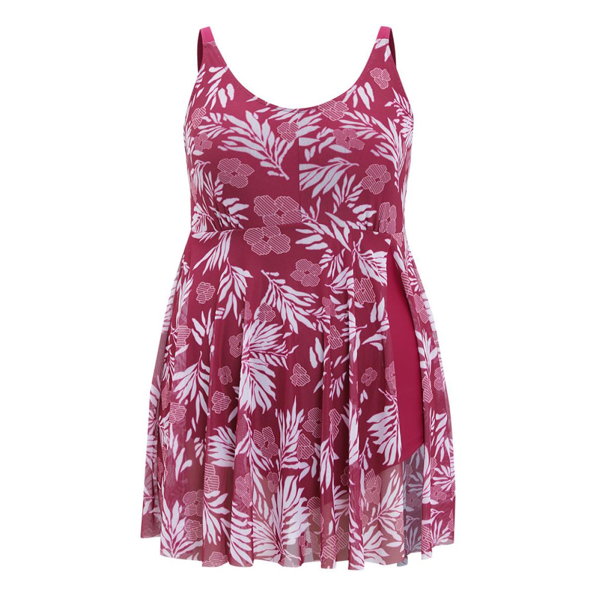 Plus Size Floral Print Adjustable Straps Flutter Split Hem Swim Dress Women's Swimwear RedViolet Vacation Bodycon Round Neck High stretch Curve Swim Dresses BloomChic 30/6X Product Image