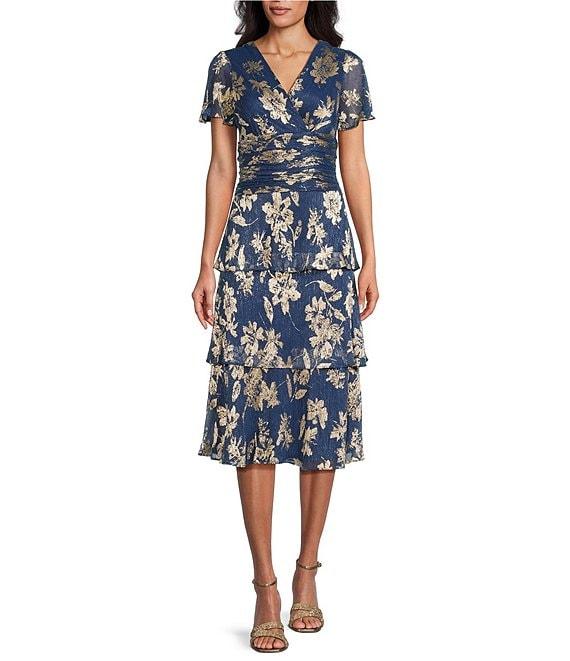 Ignite Evenings Short Sleeve V-Neck Tiered Floral Midi Dress Product Image