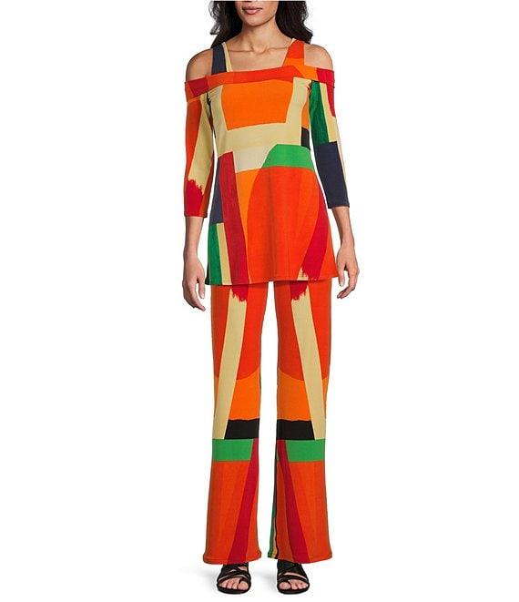 Eva Varro Geometric Brushstroke Print Elastic Waist Wide Flare Leg Coordinating Pants Product Image