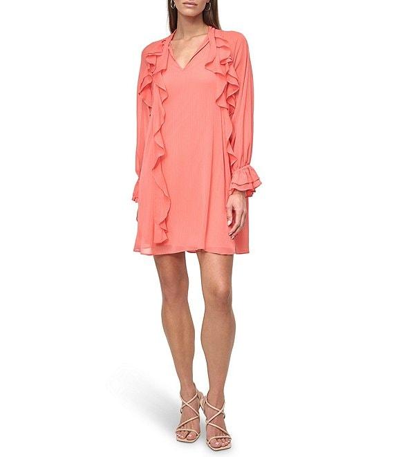 DKNY by Donna Karan Woven V Neck Long Sleeve Ruffle Shift Mini Dress Product Image