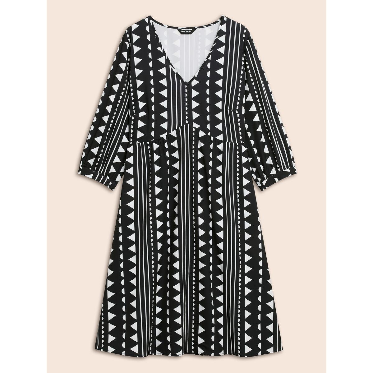 Plus Size Geometric V Neck Lantern Sleeve Dress Black Women Resort Non V-neck Elbow-length sleeve Curvy BloomChic 12/L Product Image