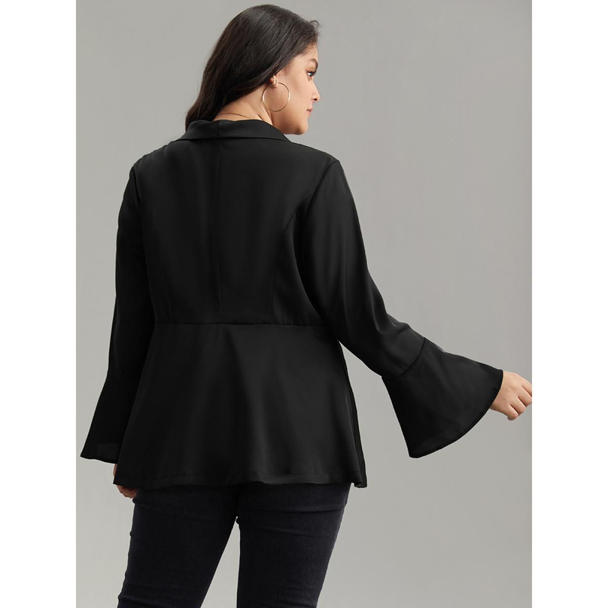 Plus Size Plain Ruffles Button Up Blazer Black Women Dailywear Plain Plain Ruffle Sleeve Long Sleeve Lapel Collar 18-20/2X Casual Blazers BloomChic Product Image