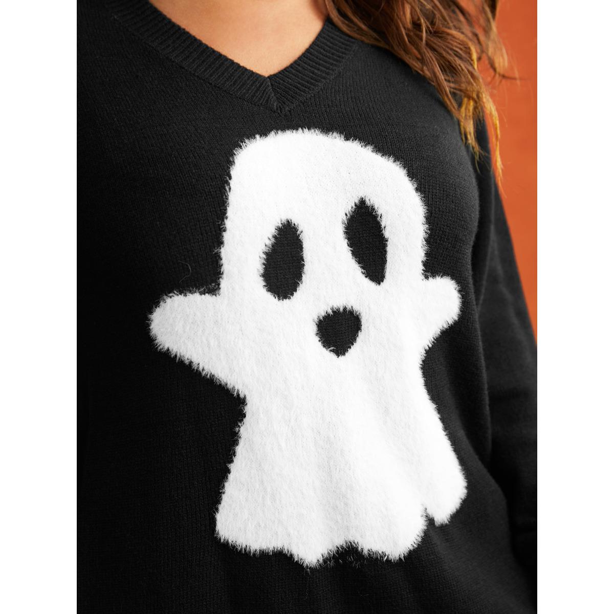 Plus Size Mink Touch Ghost Printed Pullover Black Women Playful Long Sleeve V-neck Casual Pullovers BloomChic 18-20/2X Product Image