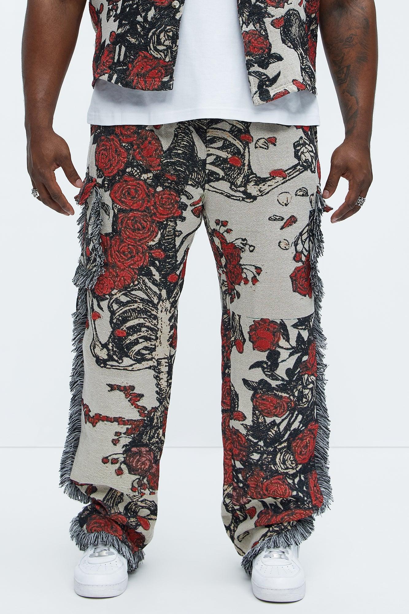 Straight Petals Tapestry Cargo Pants - Red/combo Product Image