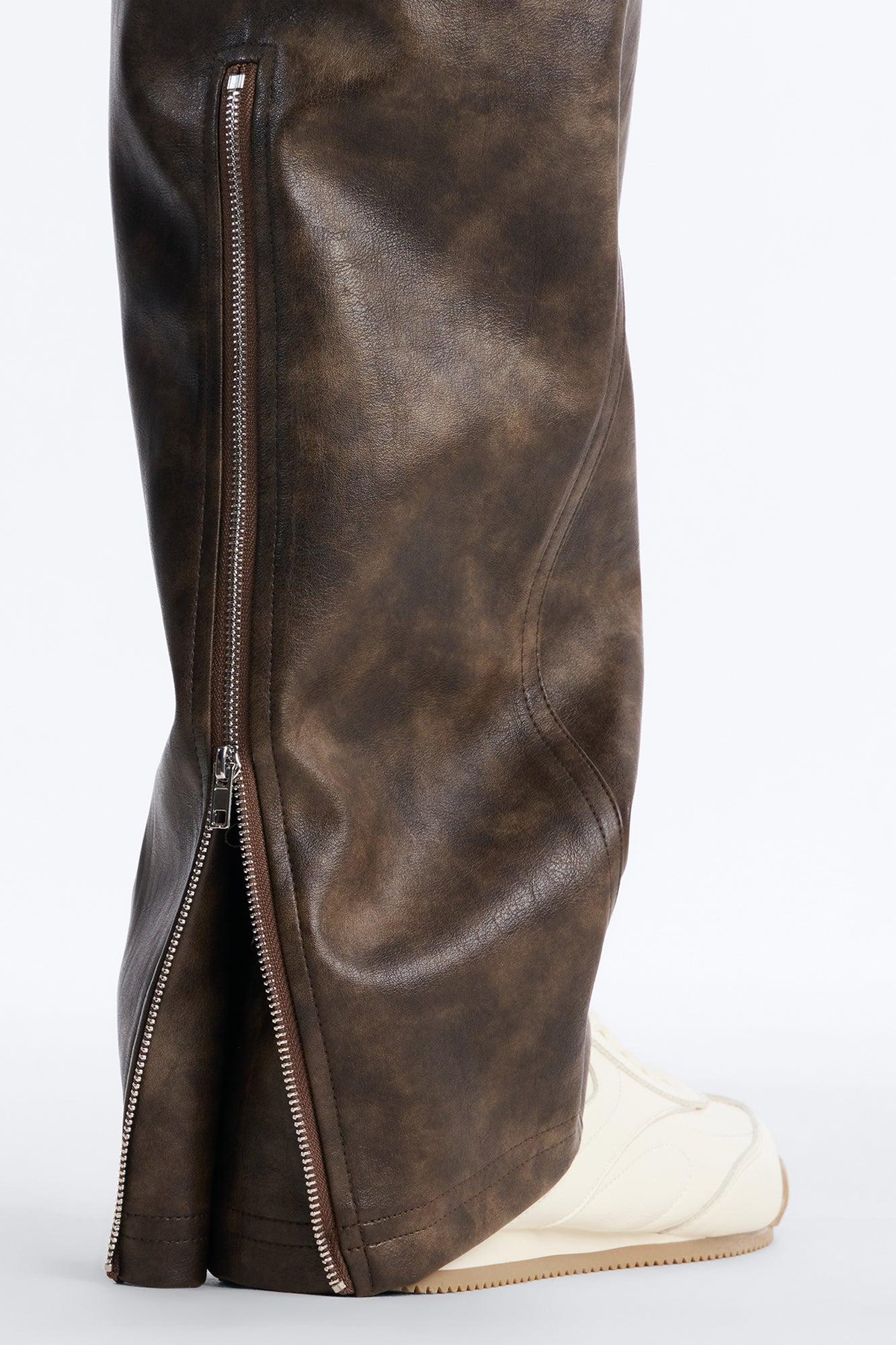 Straight Flared Stone Grained Faux Leather Zip Pant - Brown Male Product Image