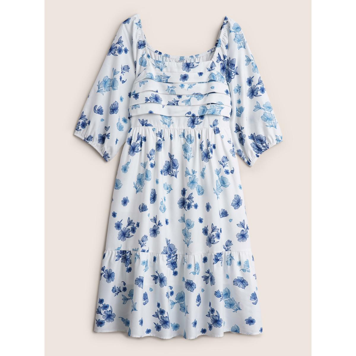 Plus Size Square Neck Floral Print Pleated Lantern Sleeve Dress White Women Elegant Non Square Neck Elbow-length sleeve Curvy Midi Dress BloomChic 12/L Product Image