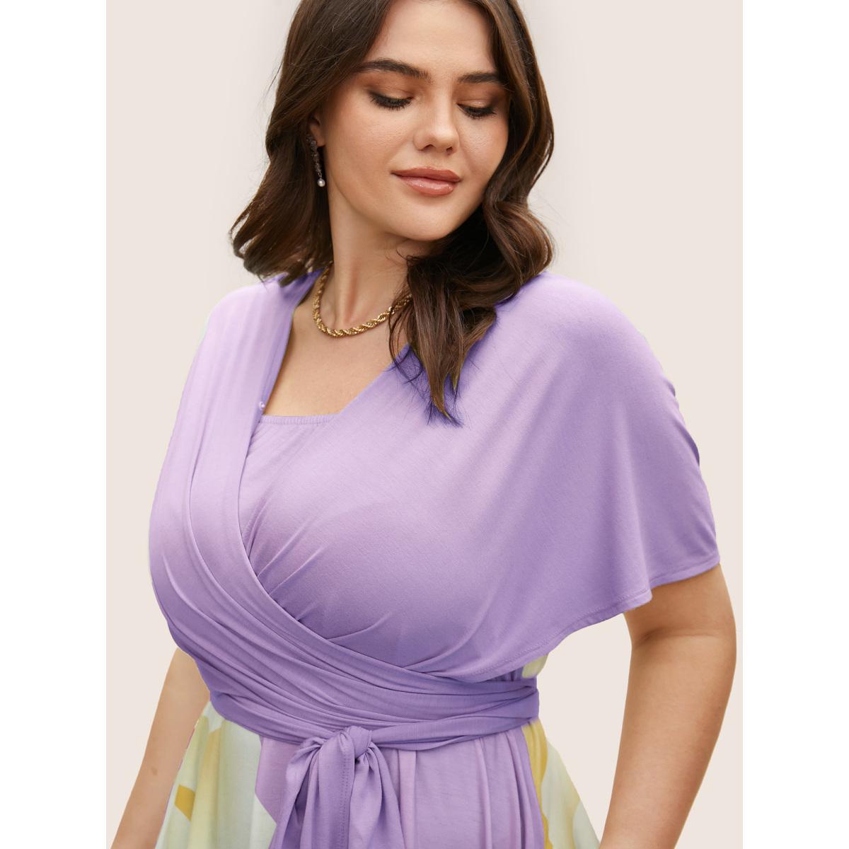 Plus Size Everywhere Dress - Floral Mesh Ties Dress Lilac Women Elegant Belted Non Sleeveless Curvy BloomChic 18-20/2X Product Image