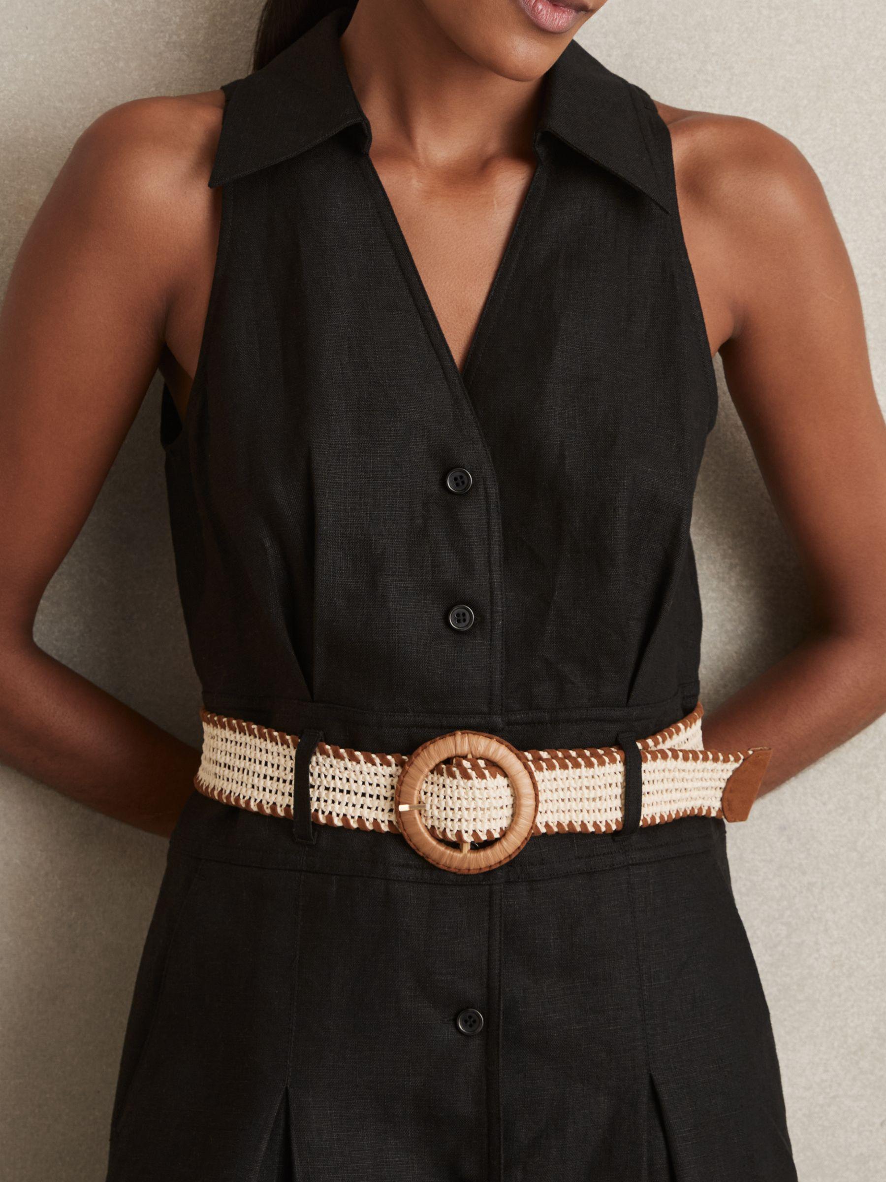 Linen Belted Sleeveless Midi Dress in Black Product Image