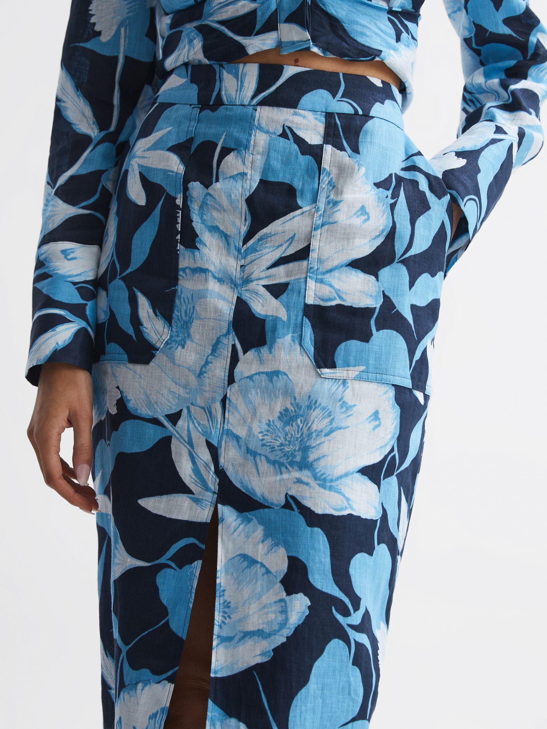 Floral Print High Rise Midi Skirt in Navy/Blue Product Image