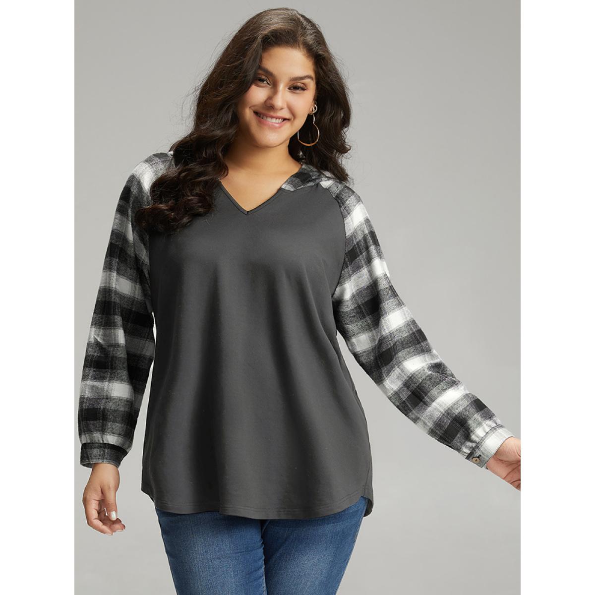 Plus Size Plaid Print Hooded Patchwork Sweatshirt Women Gray Leisure Patchwork Hooded Casual Sweatshirts BloomChic 14-16/1X Product Image