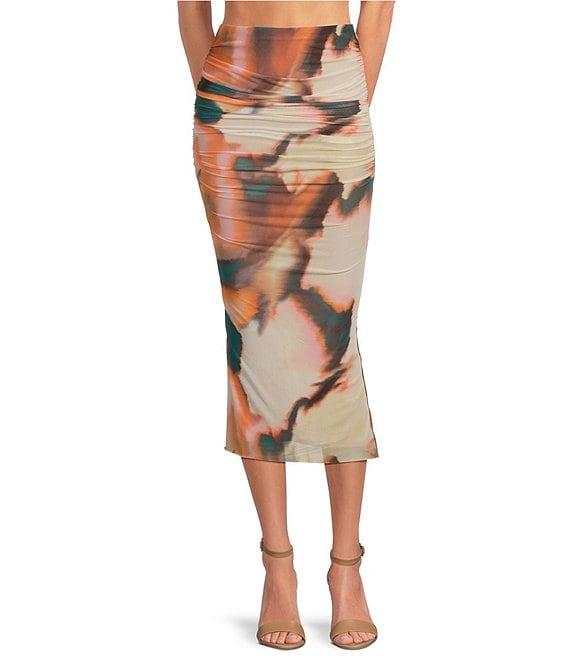 AFRM Ginger Mesh Abstract Print Ruched Pull-On Midi Skirt Product Image