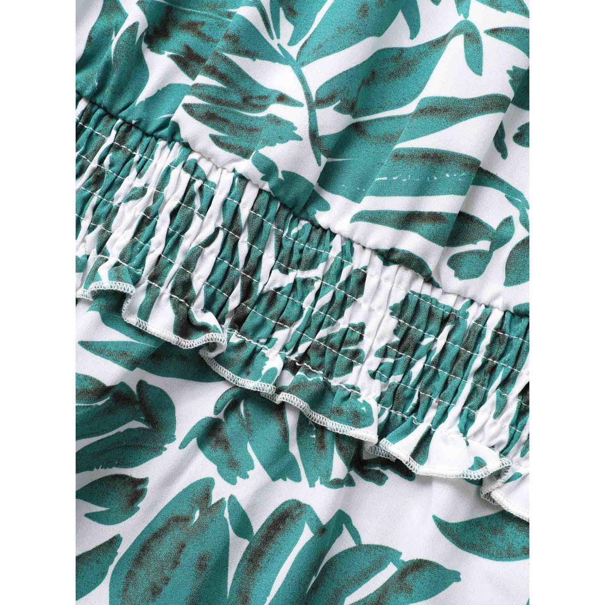 Plus Size Tropical Print Shirred Frill Trim Sleeveless Dress Emerald Women Resort Frill Trim Stand-up collar Sleeveless Curvy BloomChic 30/6X Product Image