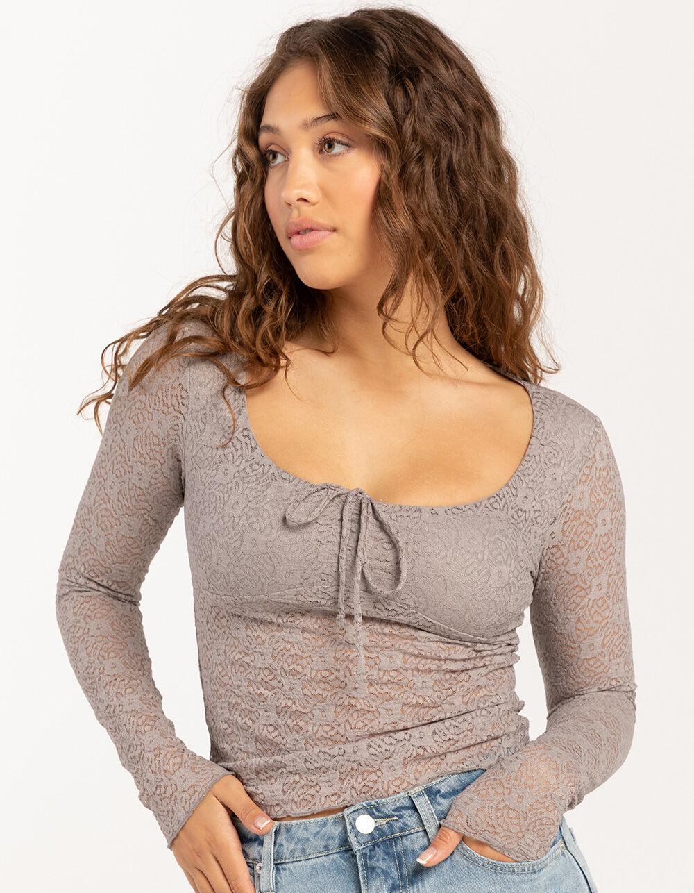 FULL TILT Lace Cinch Womens Long Sleeve Top - GRAY Product Image