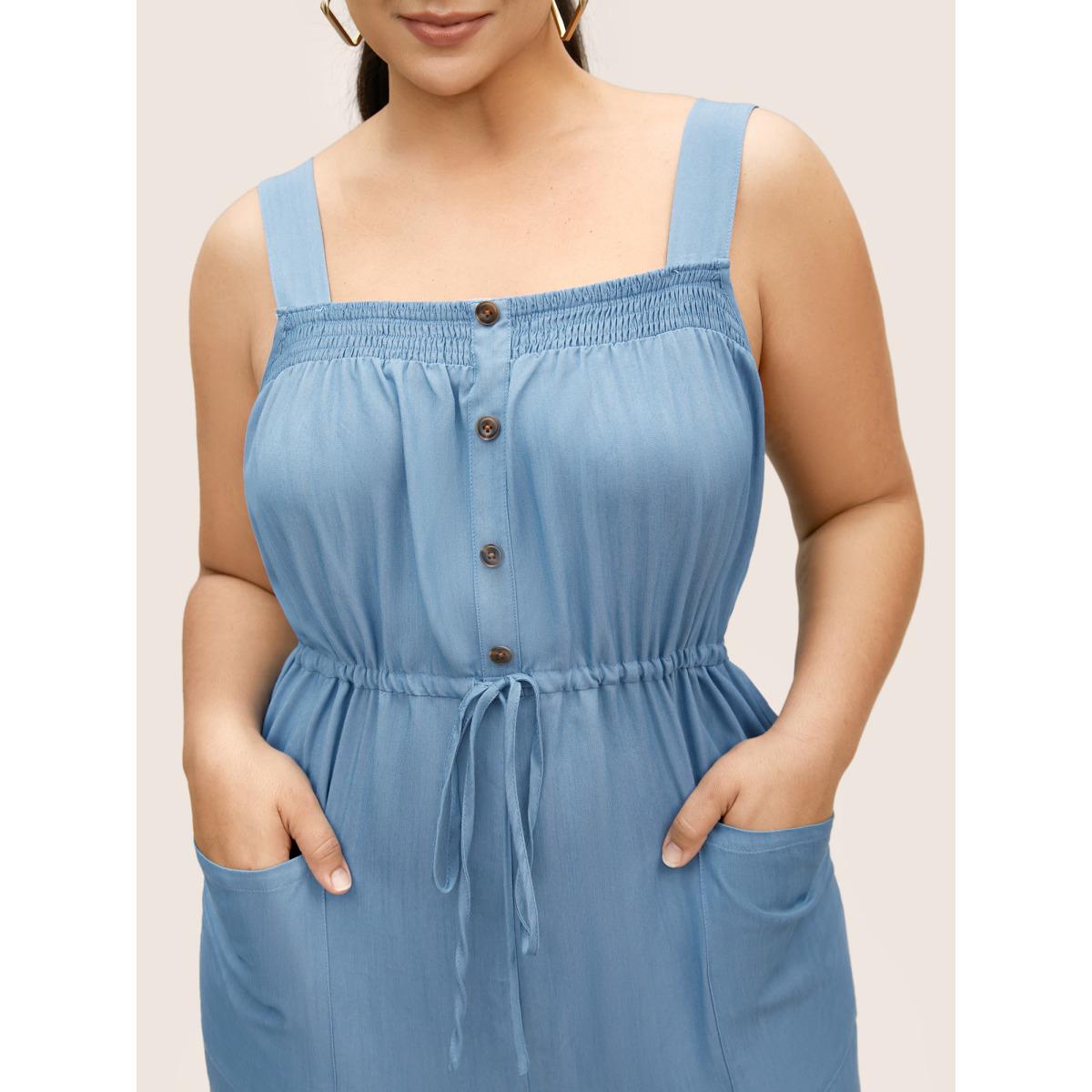 Plus Size Denimblue Solid Shirred Button Detail Drawstring Jumpsuit Women Casual Sleeveless Square Neck Everyday Loose Jumpsuits BloomChic 18-20/2X Product Image