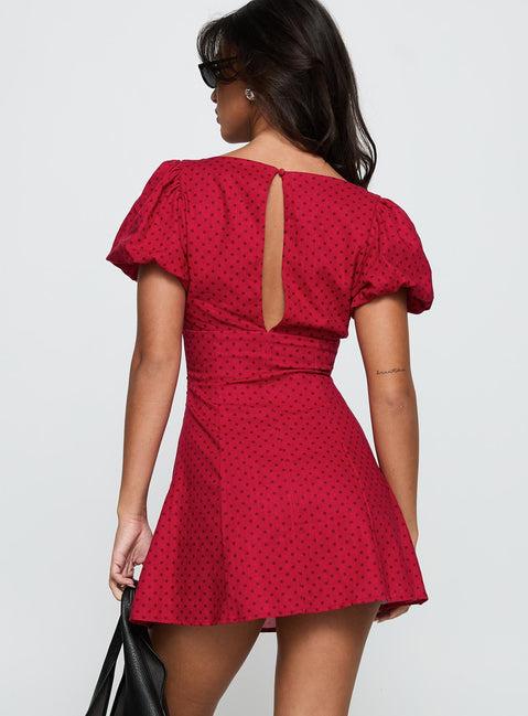 Beloved Puff Sleeve Linen Blend Mini Dress Red Polka Product Image