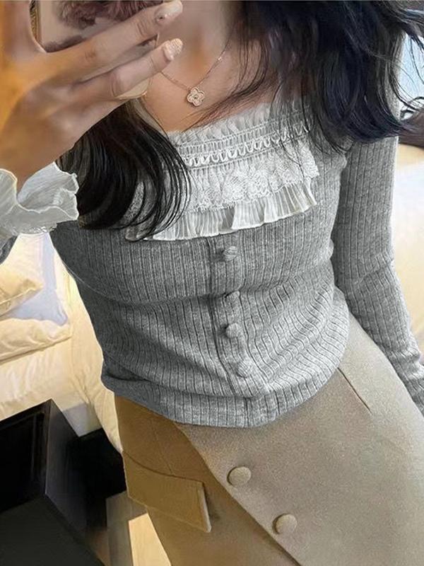 Ruffle Panel Slim Fit Pullover Sweater Product Image
