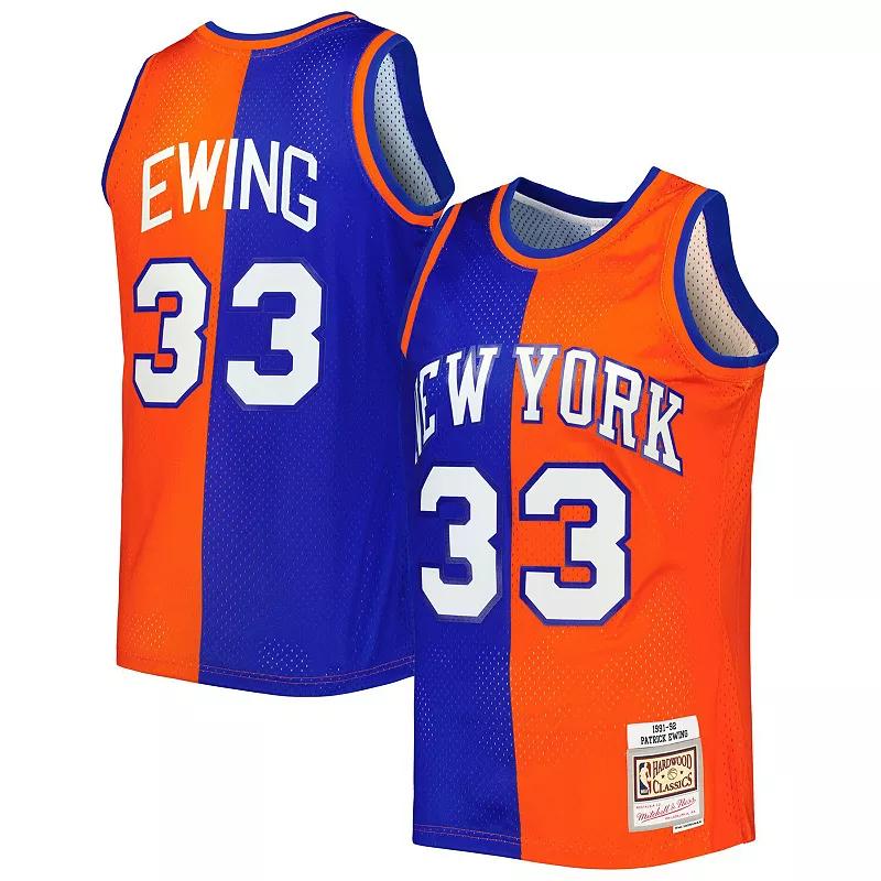 Men's Mitchell & Ness Patrick Ewing Blue/Orange New York Knicks Hardwood Classics 1991-92 Split Swingman Jersey, Size: Small Product Image