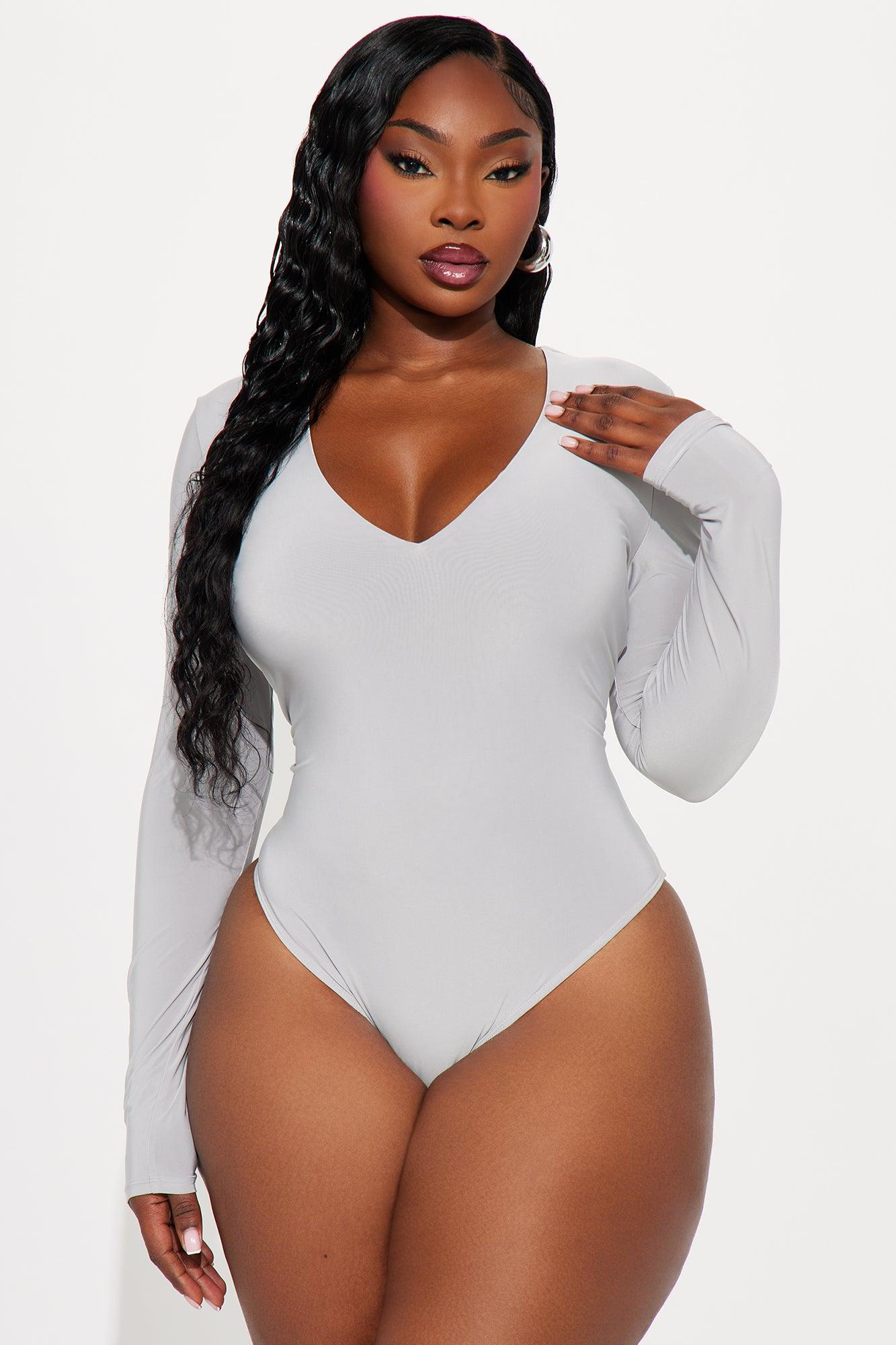 Take The Plunge Lined Long Sleeve Bodysuit - Grey Female Product Image