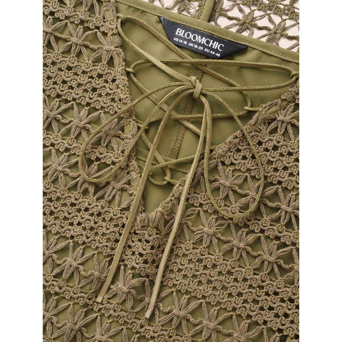 Plus Size Crocheted Lace Up Dolman Sleeve Tiered Dress ArmyGreen Women Casual Texture V-neck Half Sleeve Curvy BloomChic 12/L Product Image