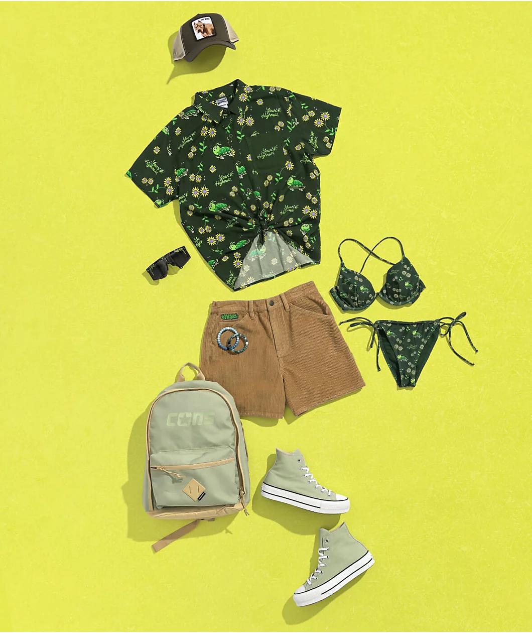 Your Highness Caterpillar Green Crop Button Up Shirt Product Image