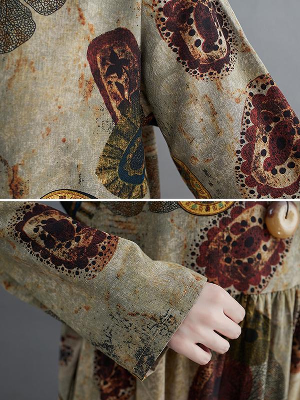 Artistic Retro Loose Long Sleeves Printed Round-Neck Maxi Dresses Product Image