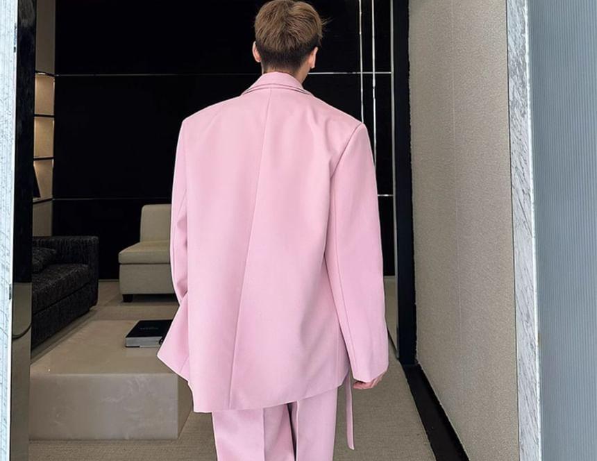 Set: Mock Two-Piece Peak Lapel Plain Buttoned Slit Blazer + Mid Rise Wide Leg Dress Pants Product Image