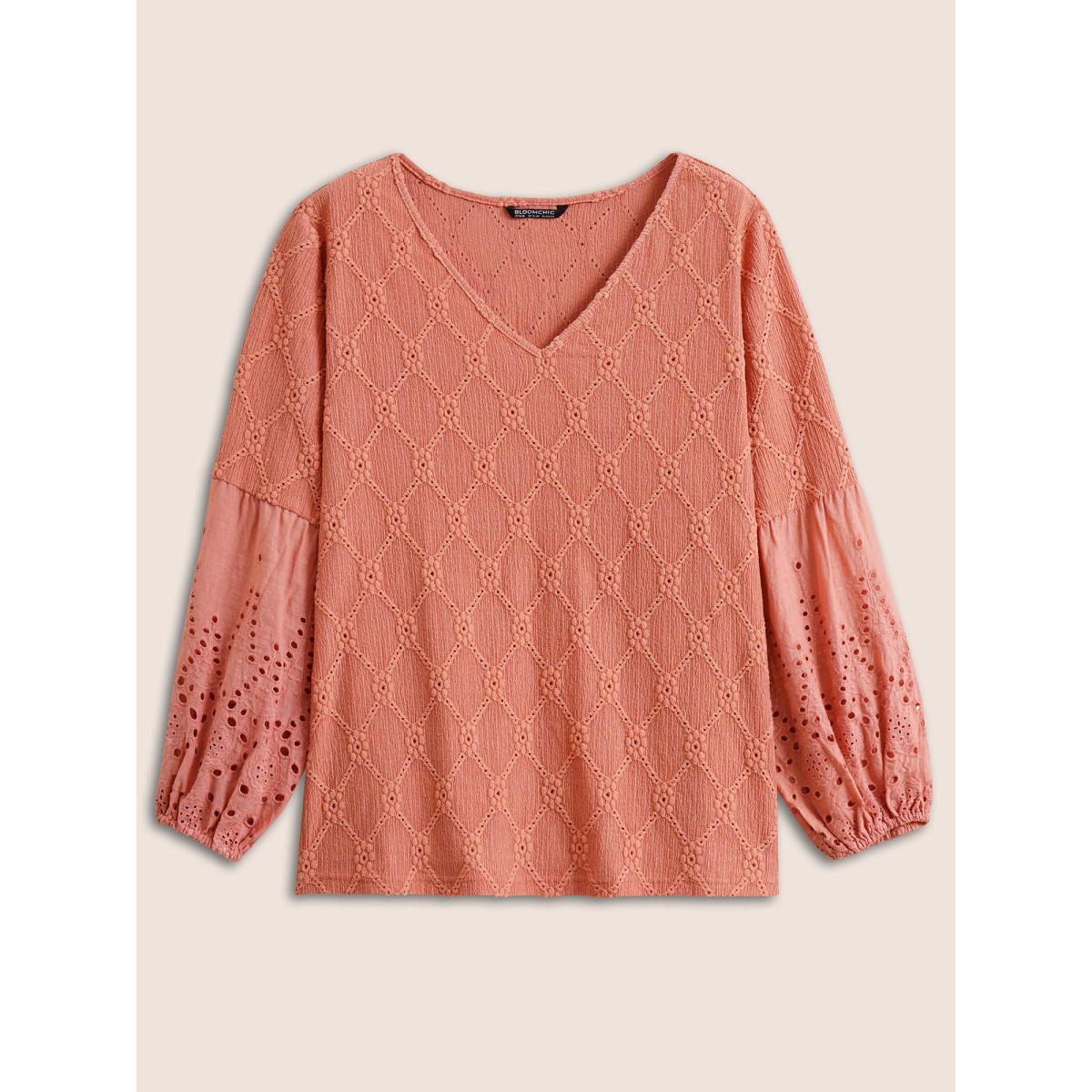 Plus Size Plain Texture Broderie Anglaise Patchwork T-shirt Salmon Women Resort Texture Plain V-neck Vacation T-shirts BloomChic 26/4X Product Image