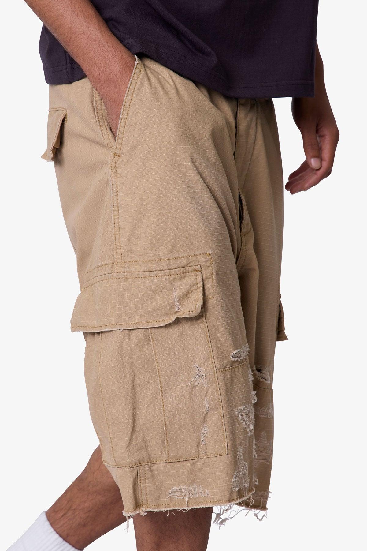 Baggy Distressed Cargo Shorts - Washed Khaki Product Image