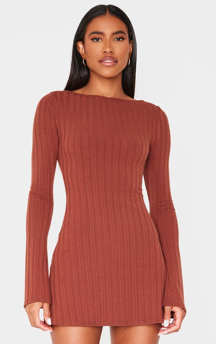 Chocolate Wide Rib Flared Sleeve Shift Dress Product Image