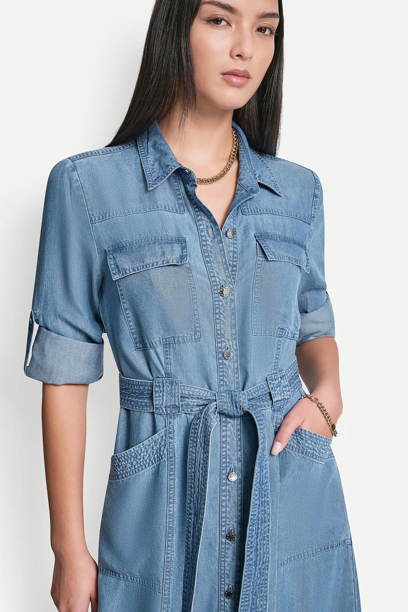 LONG SLEEVE ROLL TAB TENCEL CARGO DRESS Product Image