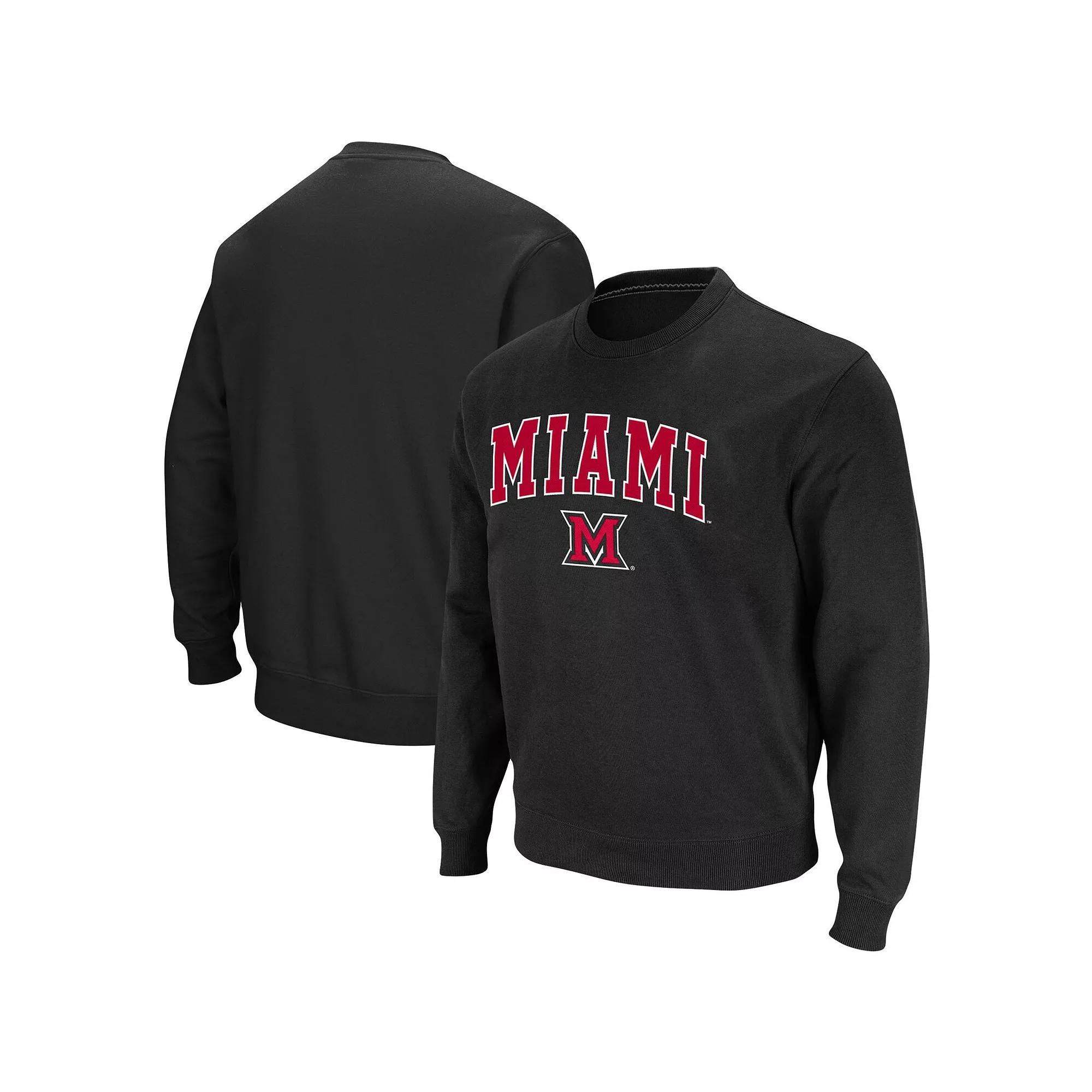 Men's Colosseum Black Miami University RedHawks Arch & Logo Tackle Twill Pullover Sweatshirt,  Product Image